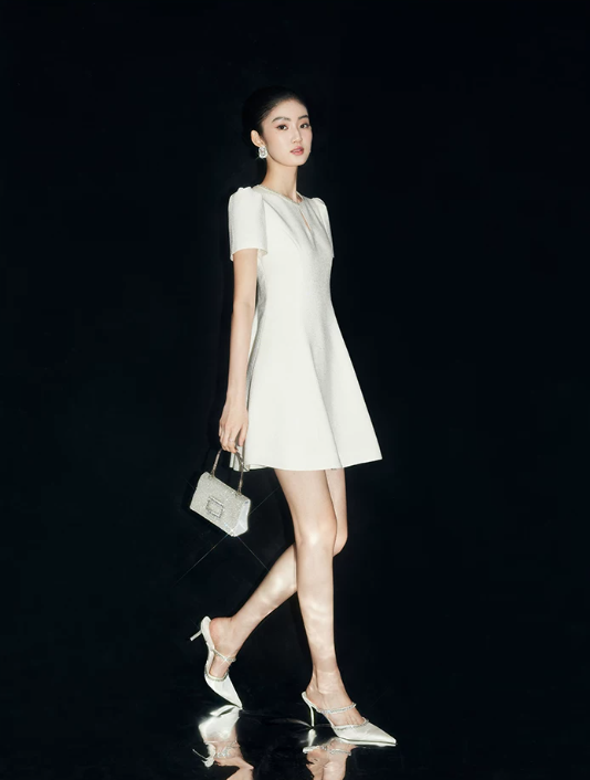 Cream White Short Sleeve Party Dress with Sparkling Neckline R9206