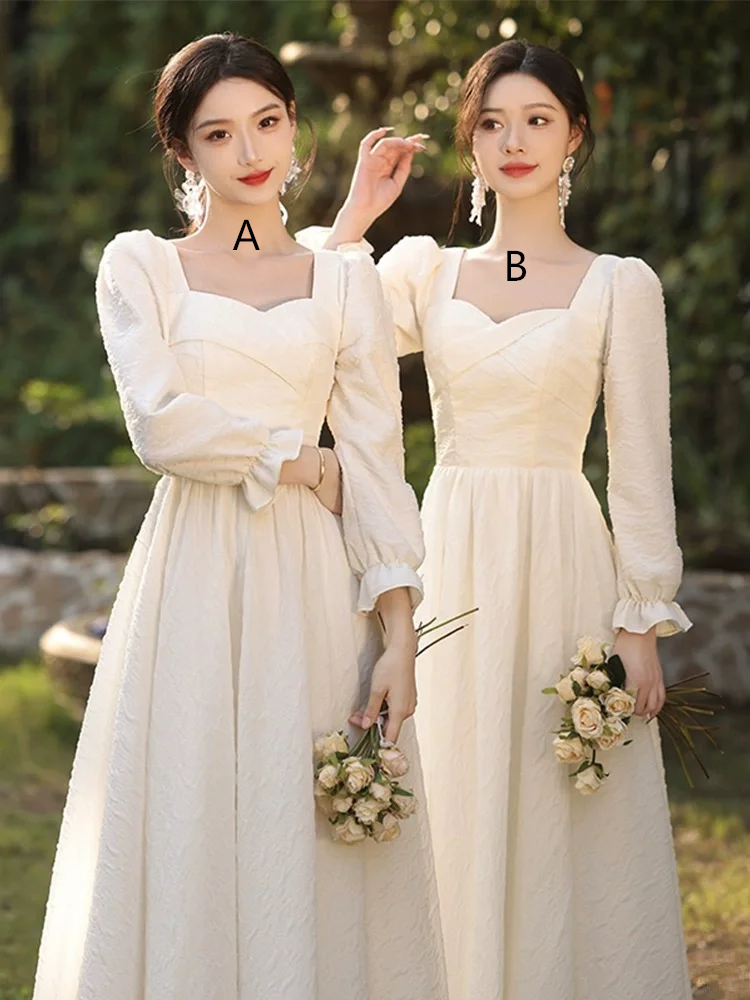 White long-sleeved slim waist sister ball gown, bridesmaid dress R5970
