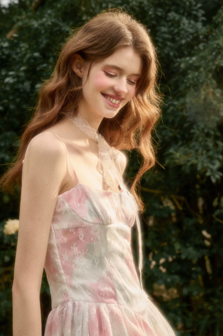 Pink and White Tie-Dye Corset Mini Dress with Tiered Ruffle Skirt and Spaghetti Straps R9268