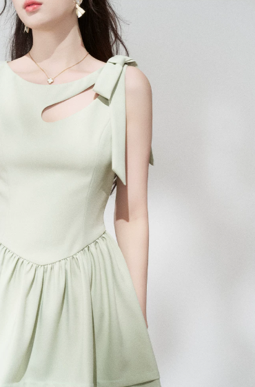 Mint Green A-Line Dress, Women's Sleeveless with Cutout Neck and Bow Shoulder Mini Dress R9339