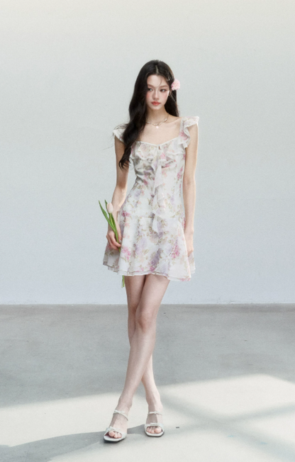 Pink And Purple Floral Print Chiffon Cami Dress Women With Lace Ruffle Trim R9423