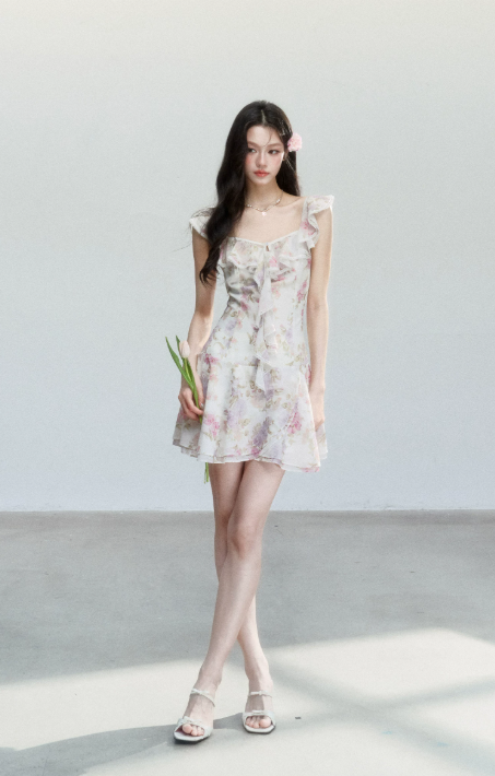 Pink And Purple Floral Print Chiffon Cami Dress Women With Lace Ruffle Trim R9423