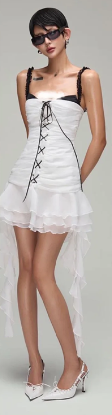 White sweet cool hot girl suspender skirt pleated waist slim irregular skirt short skirt homecoming dress R4710