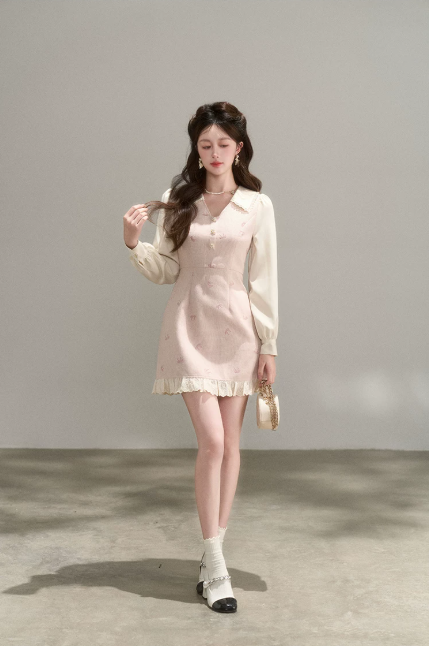 Vintage Pink Tweed A-Line Dress, Women's Long Sleeve Floral Embroidered Mini Dress R9329