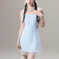 Casual Cute Blue Checkered Mini Dress With Bow Accent And Sheer Tulle Hem For Summer R9301