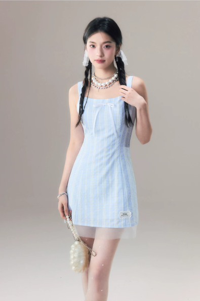 Casual Cute Blue Checkered Mini Dress With Bow Accent And Sheer Tulle Hem For Summer R9301