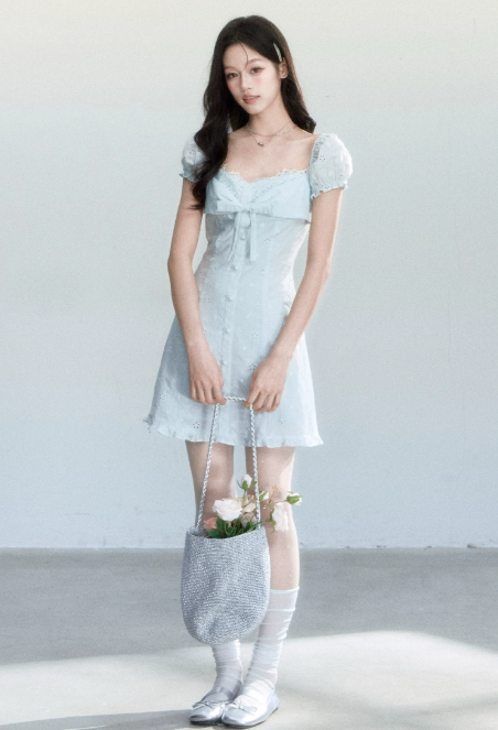 Light Blue Eyelet Embroidery Mini Dress Women With Lace Trim And Bow Detail R9405