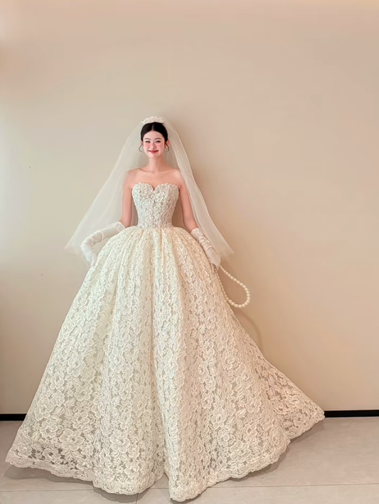 White strapless lace waist slim elegant puffy skirt long dress bridal dress R6030