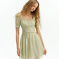 Light Green Floral Embroidered Mini Dress Women With Square Neck And Puff Sleeves R9469