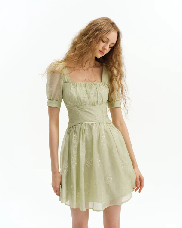 Light Green Floral Embroidered Mini Dress Women With Square Neck And Puff Sleeves R9469