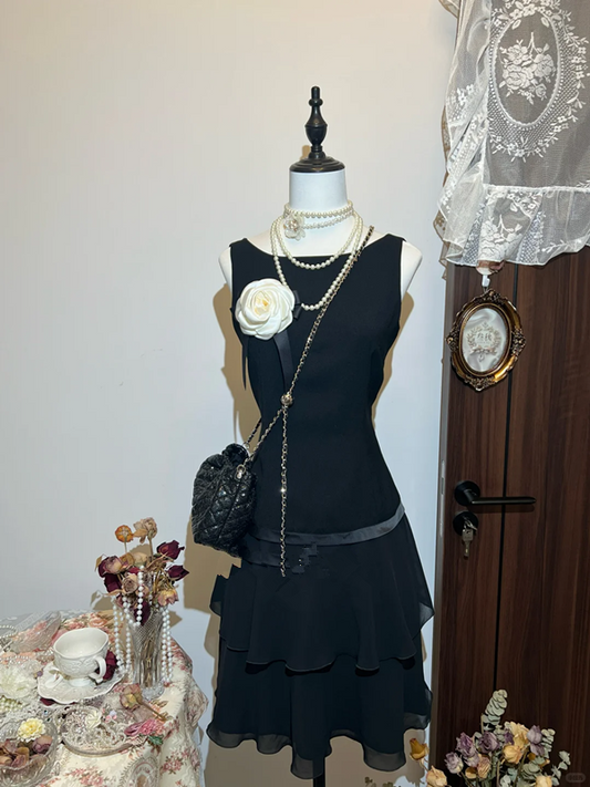 Black sleeveless slim waist pleated short skirt homecoming dress R4307