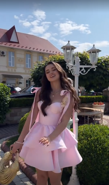 Pink suspender tie waist slim fit puffy skirt homecoming dress R5439