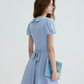 Light Blue Peter Pan Collar Mini Dress Women With Puff Sleeves And Bow Detail R9486