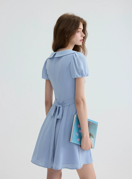 Light Blue Peter Pan Collar Mini Dress Women With Puff Sleeves And Bow Detail R9486