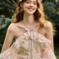 Fairycore Pink Floral Dress with Off Shoulder Ruffle Sleeves, Halter Neck and Layered Skirt R9272