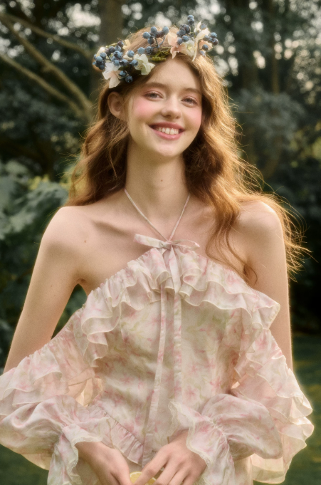 Fairycore Pink Floral Dress with Off Shoulder Ruffle Sleeves, Halter Neck and Layered Skirt R9272