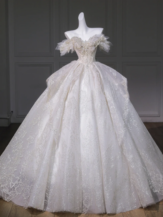 White one-shoulder bow neckline slim waist puffy skirt long dress bridal dress R5813