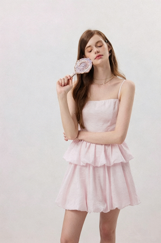 Pink Tiered Ruffle Mini Dress Women With Spaghetti Straps And Bubble Hem R9488