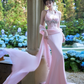 Pink Halter Neck Waist-Cinched Elegant Floor-Length Prom Dress R7088
