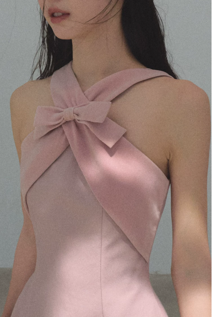 Pink Halter Neck Bow Detail Mini Dress Women Sleeveless Bodycon Dress R9364