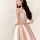 Light Pink Halter Neck Flare Mini Dress with Bow and Beaded Neckline R9227