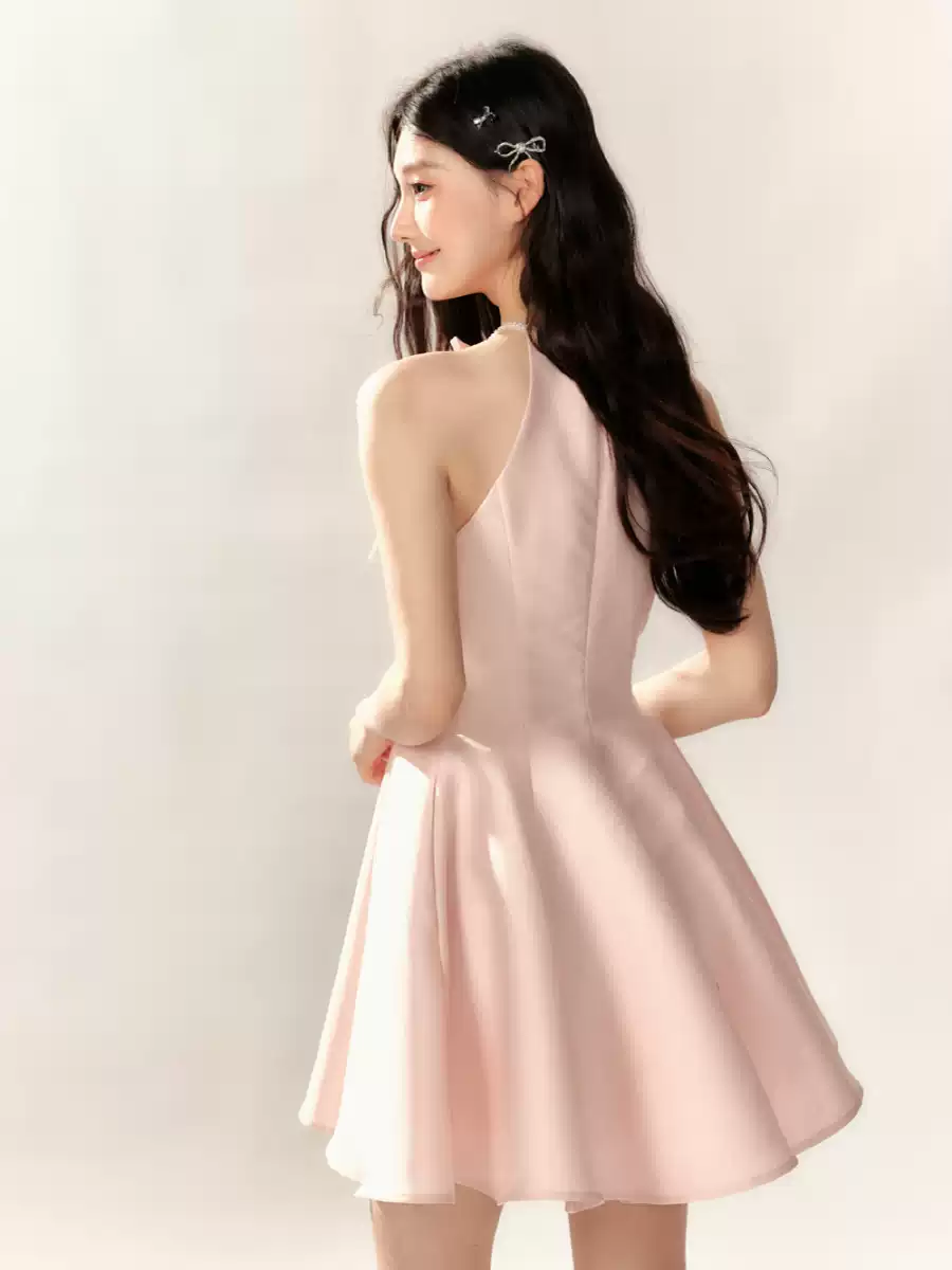 Light Pink Halter Neck Flare Mini Dress with Bow and Beaded Neckline R9227