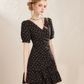 Romantic Black Cherry Floral A-Line Dress With Puff Sleeves And Layered Skirt R9322