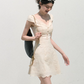 Cream White Eyelet Embroidered Square Neck Mini Dress Women High Waist A-Line Dress R9355