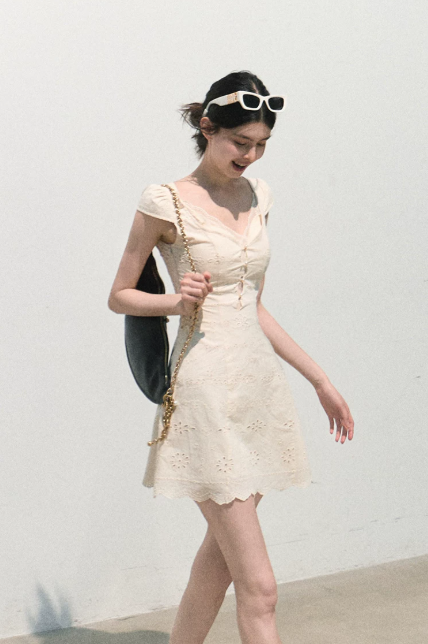 Cream White Eyelet Embroidered Square Neck Mini Dress Women High Waist A-Line Dress R9355