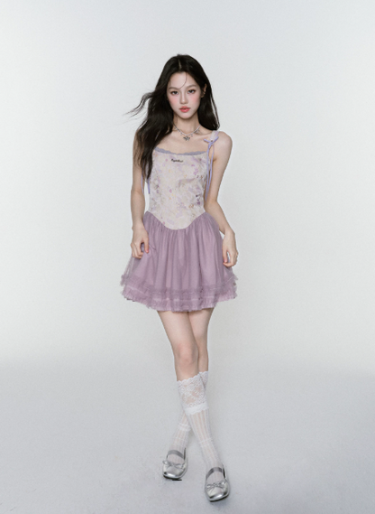 Purple Floral Jacquard Corset Cami Dress Women With Tulle Skirt And Bow Straps R9409