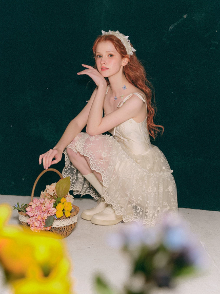 Balletcore White Corset Dress with Lace Trim, Bow Details and Voluminous Skirt R9265