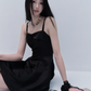 Black Satin Spaghetti Strap Mini Dress With Bow Detail And Flared Skirt R9436