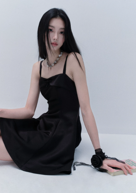 Black Satin Spaghetti Strap Mini Dress With Bow Detail And Flared Skirt R9436