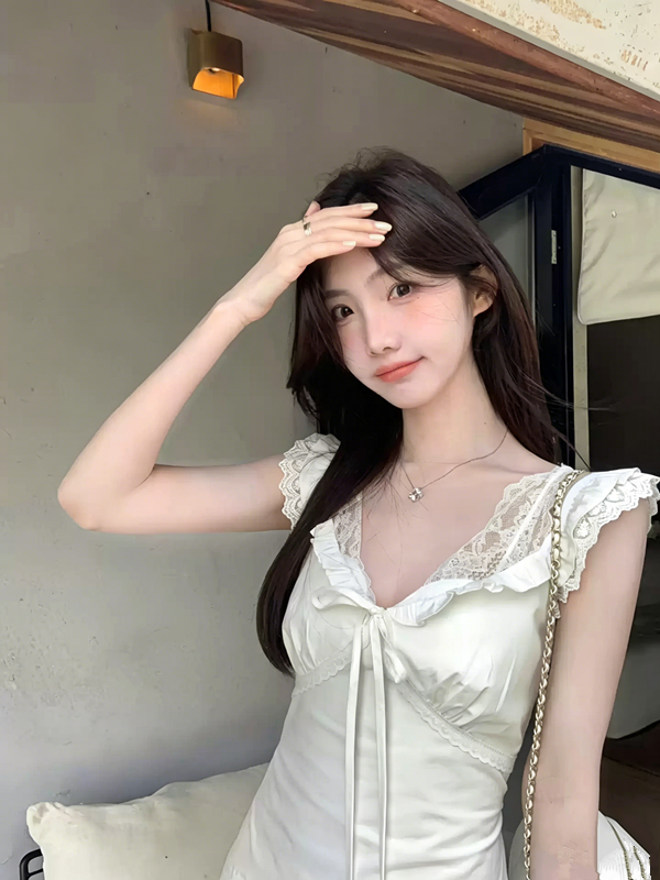 Cream White Sleeveless Bow Front A-Line Dress with Lace Details R9225