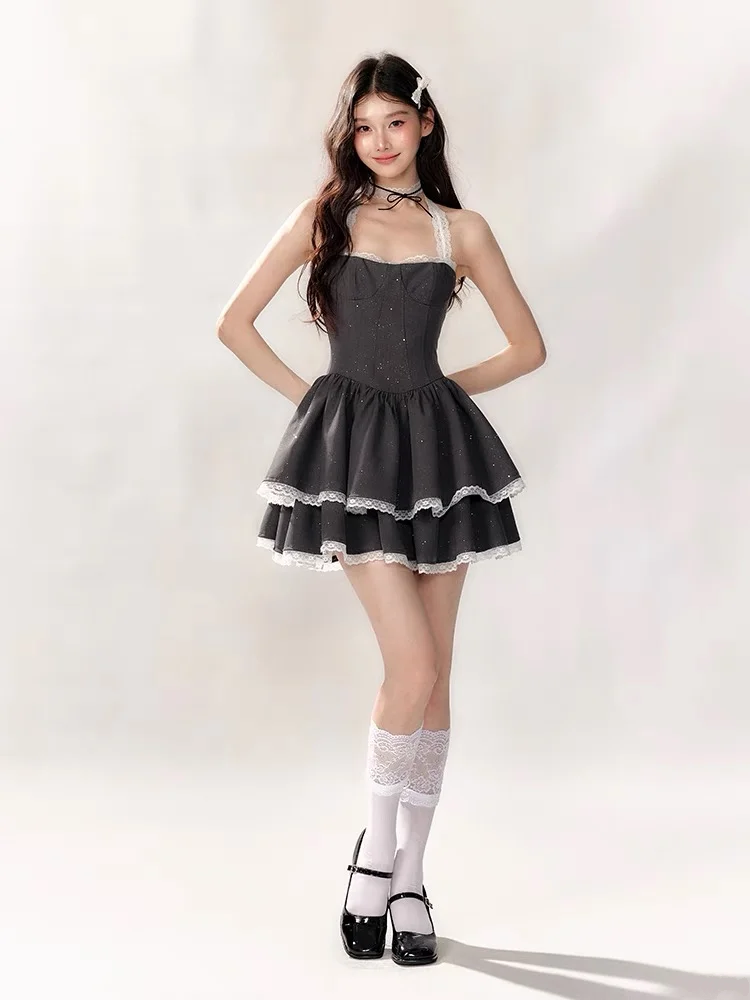 Gray halter neck slim waist cake skirt homecoming dress R5369