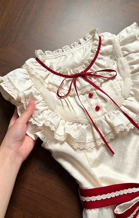 Lolita Style Round Neck A-Line Dress with Lace Ruffles & Red Bow Detail R9145