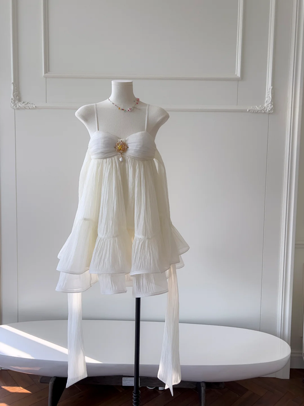 White suspender pleated design cute mini skirt homecoming dress R4998