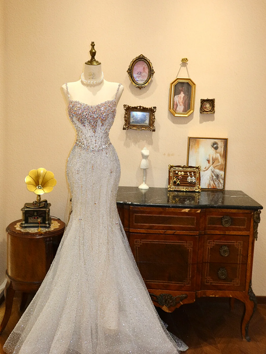 White Spaghetti-Strap Crystal-Embellished Neckline Waist-Cinched Slim-Fit Bodycon Sexy Ball Gown, Bridal Gown R7128
