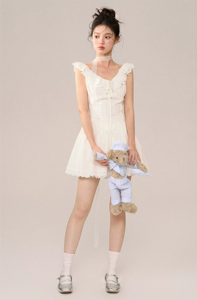 White Lace Trim Corset Style Mini Dress Women With Ruffle Straps And Flared Skirt R9395