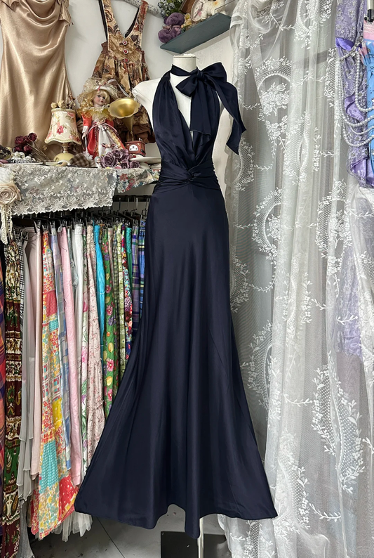 Navy blue halterneck satin waist slim fishtail sexy long ball gown R6170