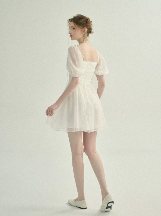 White Tulle Mini Dress Women With Puff Sleeves And Square Neck R9484