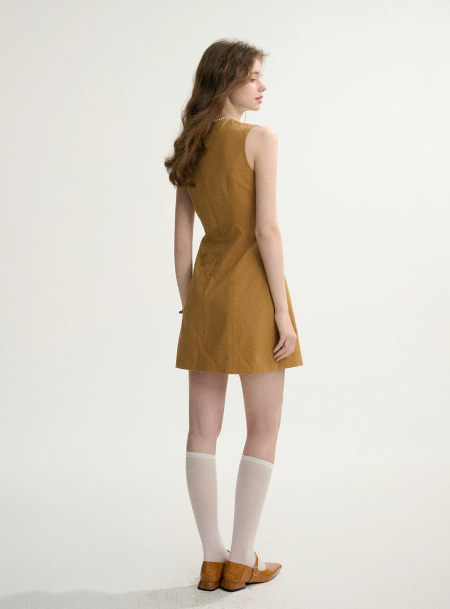Camel Linen-Blend Sheath Dress Women With Round Neck And Sleeveless Design R9460