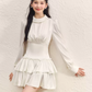 White High Neck Tiered Dress Women With Long Sleeves And Waist Cinched Design R9397