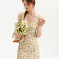 Beige Floral Print Mini Dress Women With Puff Sleeves And Square Neck R9467