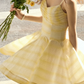 Yellow Striped Cami Dress Women With Ruched Bust And A-Line Mini Skirt R9455