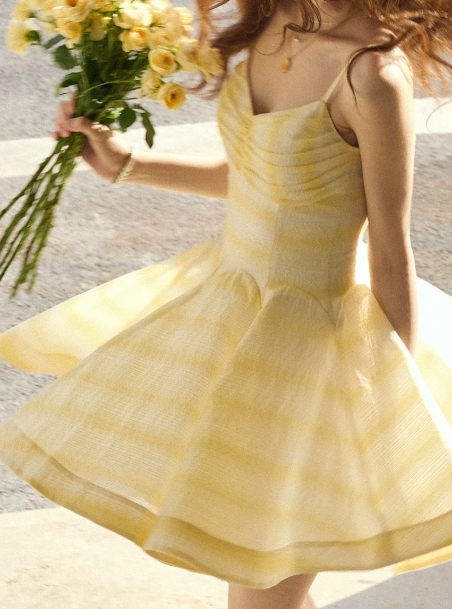 Yellow Striped Cami Dress Women With Ruched Bust And A-Line Mini Skirt R9455
