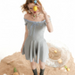 Casual Summer Grey Knit Dress With Off-Shoulder Design And Blue Accent R9321