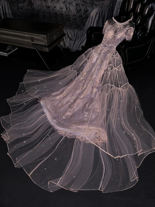 Light purple round neck fitted waist long elegant ball gown, bridal dress R8765