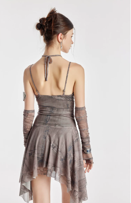 Khaki Halter Mesh Dress Women With Asymmetrical Hem And Matching Arm Sleeves R9388