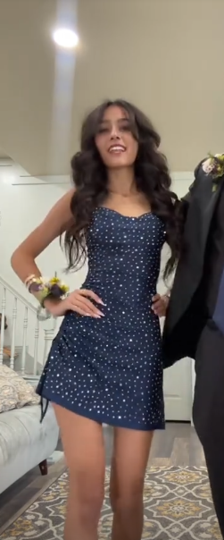 Navy blue suspender diamond waist slim A-line short skirt homecoming dress R5538